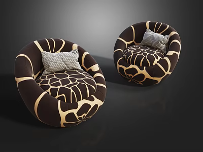 Round Shaped Single Sofa With Brown And Beige Pattern And Gray Decorative Pillow 3d model