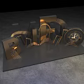 Golden Illuminated 3D Letters RIFIO with Geometric Lines on Black Background and Gray Floor