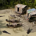 Scenic Riverside View with Wooden Huts Palm Trees and Crocodiles in Shallow Water