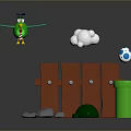 Playful Green Bird Scenery With Wooden Fence White Cloud Blue And White Egg Gray Stones
