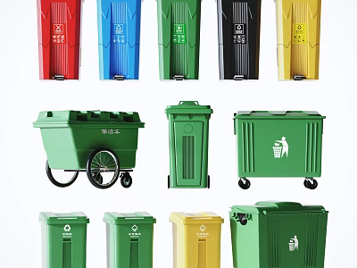 Roadside Public Waste Facilities Featuring Different Types And Colored Recycling Bins 3d model