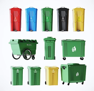 Roadside Public Waste Facilities Featuring Different Types And Colored Recycling Bins 3d model