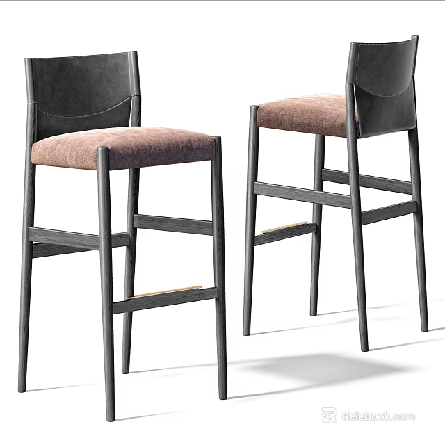 Modern Bar Stools With Dark Frame And Light Brown Upholstered Seats 3d model 