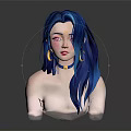 Blue Haired Female Character With Pink Eyes Golden Earrings Choker And Bust Portrait