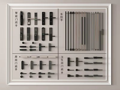 Display of Various Door Handles Including Smart Long Short and Bathroom Styles 3d model