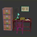 Home Office Furniture with Wooden Desk Red Filing Cabinet Chair Table Lamp and Framed Map