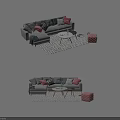 Modern Sofa and Coffee Table Set with Decorative Pillows and Patterned Area Rug 3d model