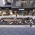 Modern Commercial Landscape With Glass Facade LAMER PEPSI Storefronts Pedestrians And Sculpture