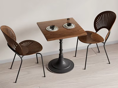 Modern Dining Table and Chairs Set With Wooden Top Metal Base and Fan Back Design 3d model