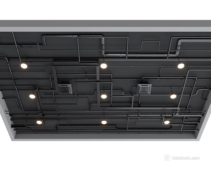Exposed Interconnected Pipes On Ceiling With Recessed Lights In Modern Industrial Design 3d model 