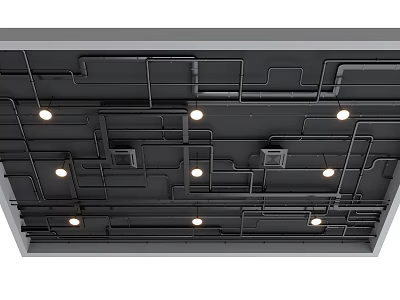 Exposed Interconnected Pipes On Ceiling With Recessed Lights In Modern Industrial Design 3d model