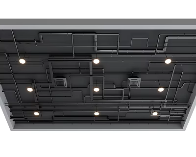 Exposed Interconnected Pipes On Ceiling With Recessed Lights In Modern Industrial Design 3d model