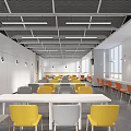 Modern Cafeteria Interior With Yellow Gray Chairs White Tables And Grid Ceiling 3d model