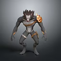Mythical Creature Character With Spiked Hair Flaming Shoulder Orange Straps And Muscular Dark Gray Body