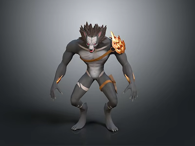 Mythical Creature Character With Spiked Hair Flaming Shoulder Orange Straps And Muscular Dark Gray Body 3d model