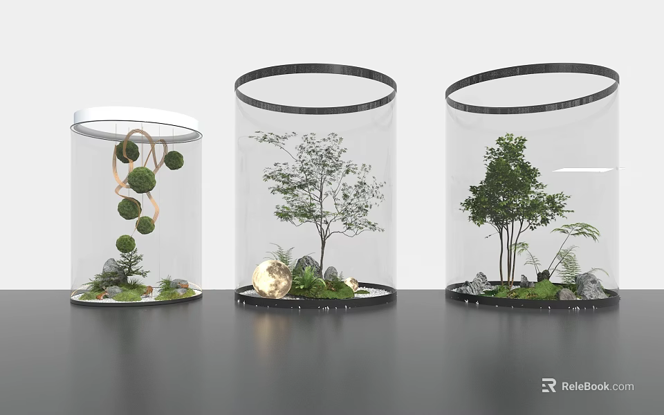 Indoor Vertical Green Wall Design With Transparent Cylinders Small Trees And Moss 3d model