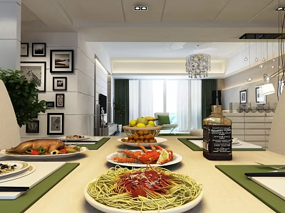 Elegant Dining Living Room Interior With Delicious Food Framed Pictures Green Plant And Chandelier 3d model