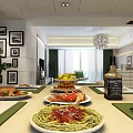 Elegant Dining Living Room Interior With Delicious Food Framed Pictures Green Plant And Chandelier