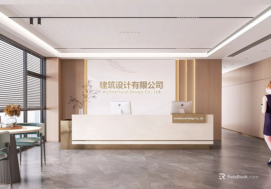 Modern Office Reception Area Design With Elegant Desk Wooden Backdrop And Marble Countertop 3d model 