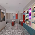 Beauty Hair Salon Interior With White Sinks Red Stools Blue Cabinets And Hair Products