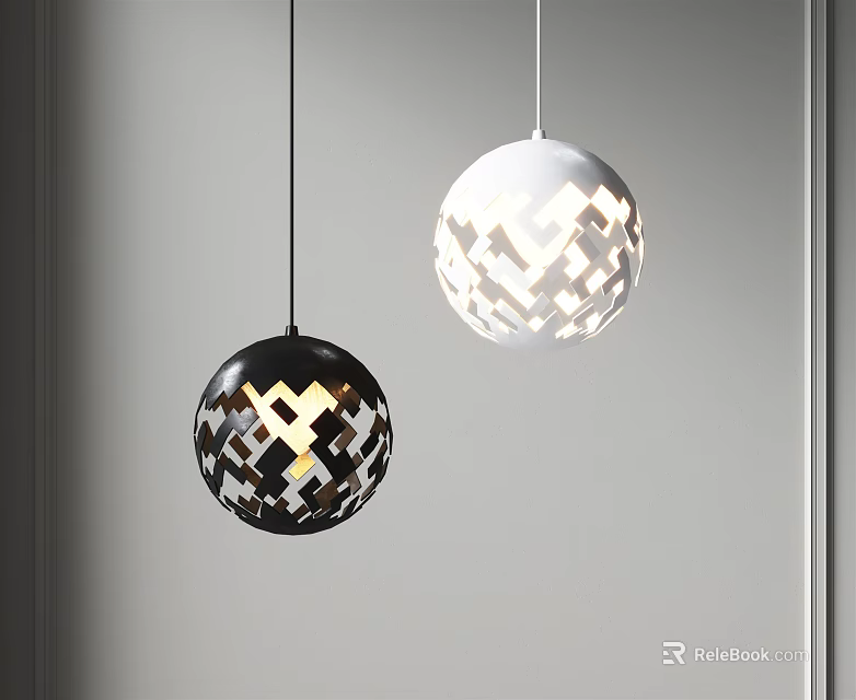 Black And White Spherical Pendant Lights With Geometric Pattern Cutouts In Modern Design 3d model 