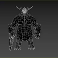 Red Demon Character With Spiked Horns Scarred Muscular Body Armor Holding Axe