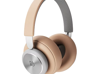 Modern Audio Headphones With Beige Leather Ear Cups And Silver Metallic Accents 3d model