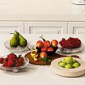 Fresh Pears Peaches Raspberries Strawberries and Apples in Glass Bowls and Wooden Plate on Table