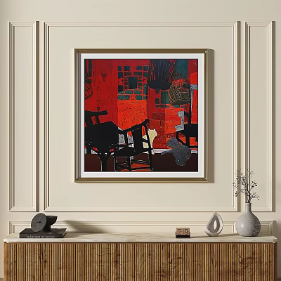 Abstract Painting With Red Tones And Black Furniture Hanging On Light Background Wall 3d model