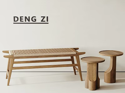 Minimalist Wooden Bench And Round Stools For Modern Home Interior Design 3d model