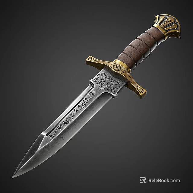 Ornate Decorative Dagger Weapon With Engraved Blade Brown Wooden Handle And Golden Guard 3d model 