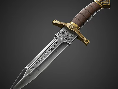Ornate Decorative Dagger Weapon With Engraved Blade Brown Wooden Handle And Golden Guard 3d model