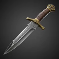 Ornate Decorative Dagger Weapon With Engraved Blade Brown Wooden Handle And Golden Guard