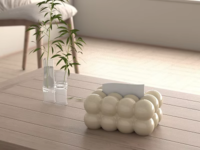 Wooden Table With White Ball Shaped Decor Green Plant In Glass Vase And Card Holder 3d model