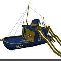 Vibrant Blue Play Boat Structure With Yellow Slides And MAPPY Sign