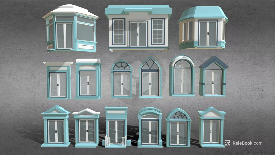 Different Light Blue Door And Window Styles With Decorative Architectural Details 3d model