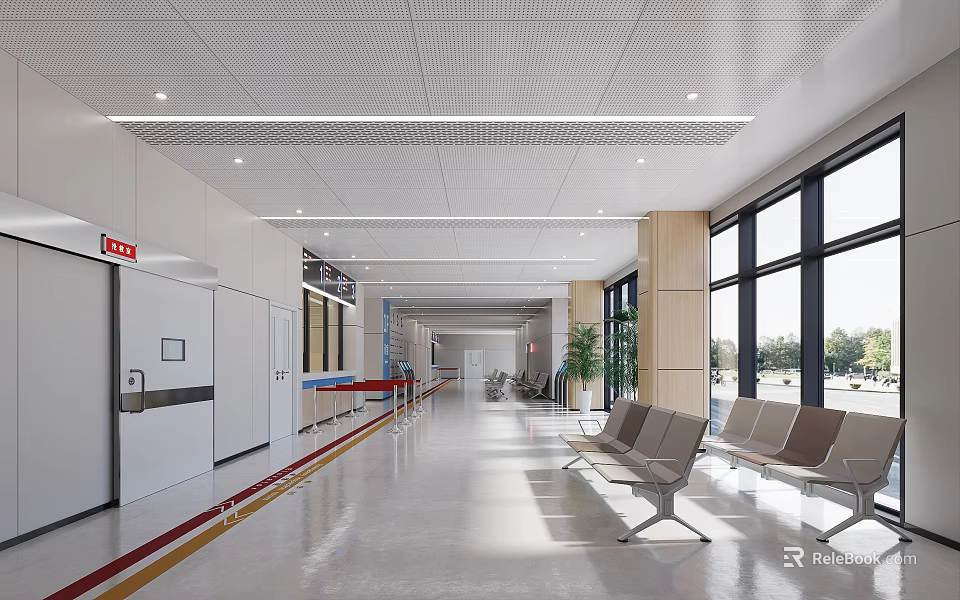 Modern Hospital Outpatient Clinic Waiting Area With Seating And Windows 3d model 