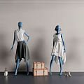 Fashion Mannequins in Blue and White Outfits with Suitcase Handbag and Shoes