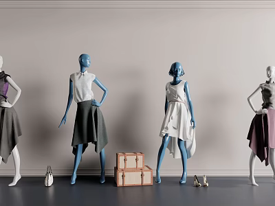 Fashion Mannequins in Blue and White Outfits with Suitcase Handbag and Shoes 3d model