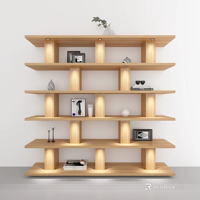 Modern Wooden Bookshelf With Open Shelves Decorative Vase Photo Frames And Books 3d model 