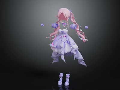 White Purple Fluffy Skirt Dress With Long Sleeves Anime Doll Costume Decorative Elements 3d model