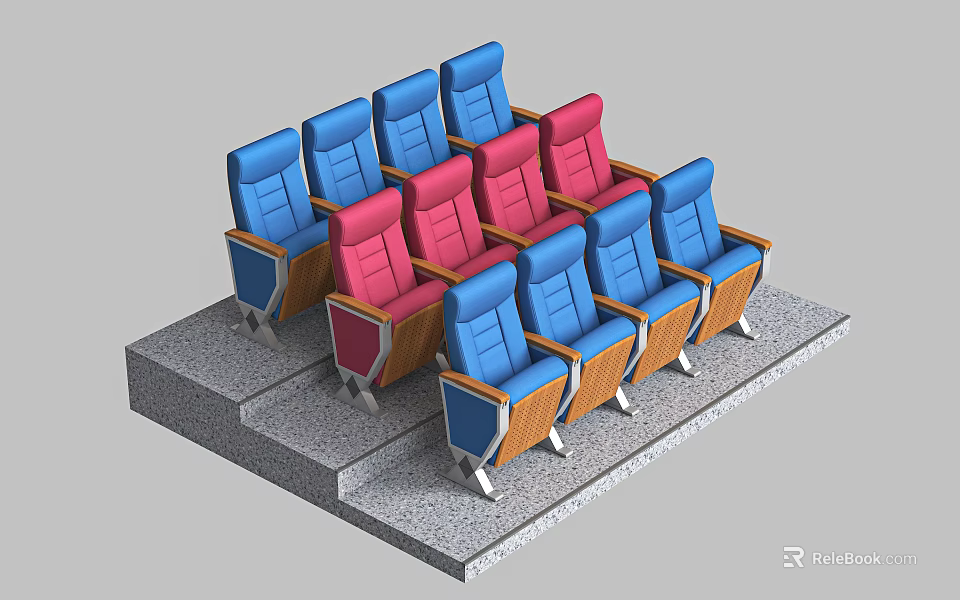 Blue and Pink Theater Armchairs With Wooden Arms On Staircase Platform 3d model 