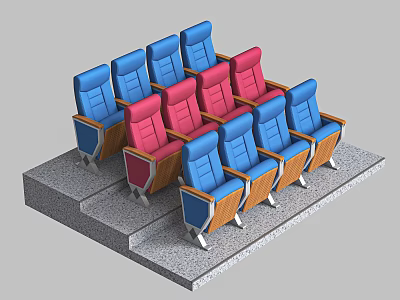 Blue and Pink Theater Armchairs With Wooden Arms On Staircase Platform 3d model