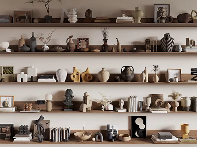 Artistic Decorative Ornament Combinations On Multiple Shelves With Vases Sculptures Books And Decor Items 3d model