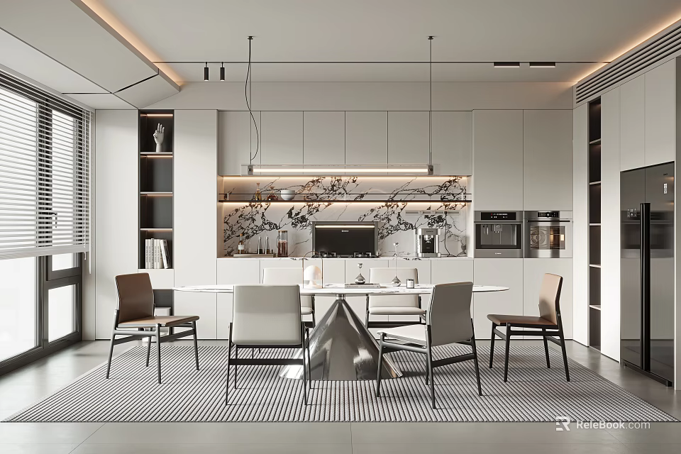 Modern Restaurant Kitchen Interior Design With White Cabinets Dining Table Chairs And Hanging Lights 3d model 