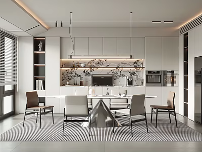 Modern Restaurant Kitchen Interior Design With White Cabinets Dining Table Chairs And Hanging Lights 3d model