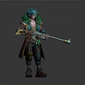 Fantasy Game Character Design With Teal Hair Green Feathered Coat And Long Rifle