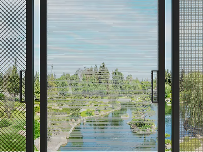 Black Framed Sliding Doors With Transparent Glass Offering Outdoor River Trees Grass And Sky View 3d model