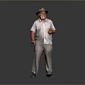 Man with Beard and Hat Wearing Light Shirt and Pants Holding Cane in Gray Background