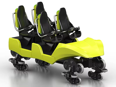 Bright Yellow Amusement Ride Vehicle With Multiple Black Seats And Wheel System 3d model